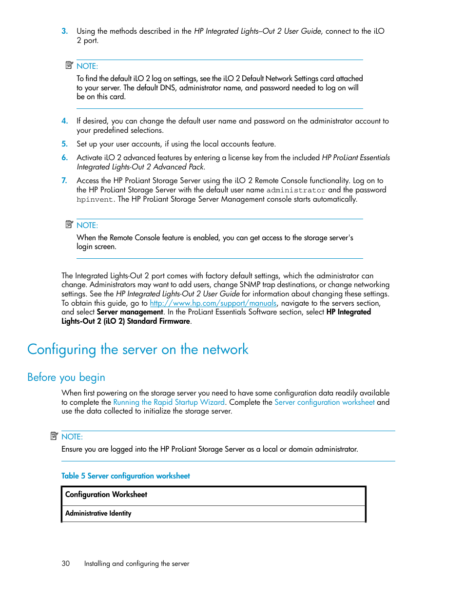 Configuring the server on the network, Before you begin, Server configuration worksheet | HP ProLiant DL160 G5 Storage-Server User Manual | Page 30 / 174