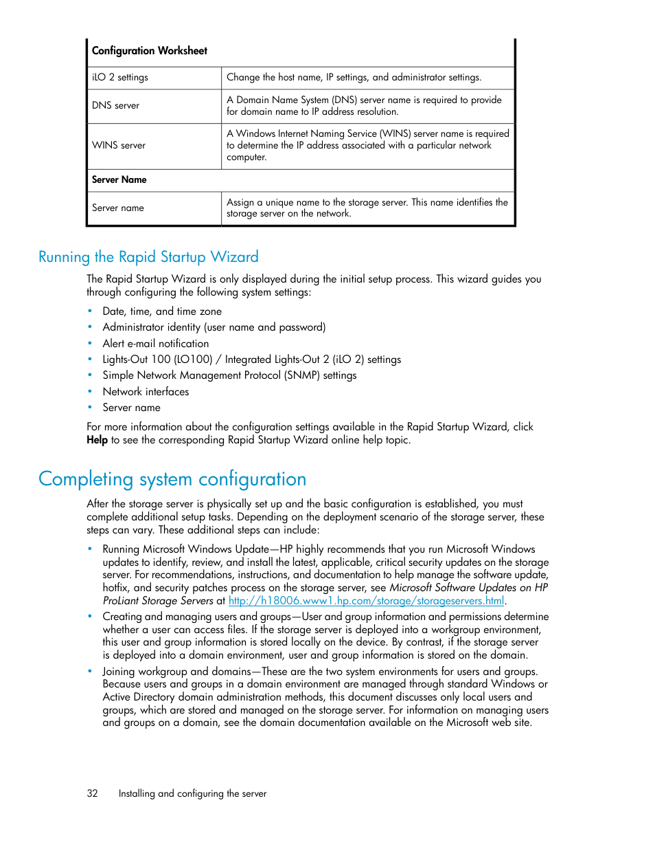 Running the rapid startup wizard, Completing system configuration | HP ProLiant DL160 G5 Storage-Server User Manual | Page 32 / 174