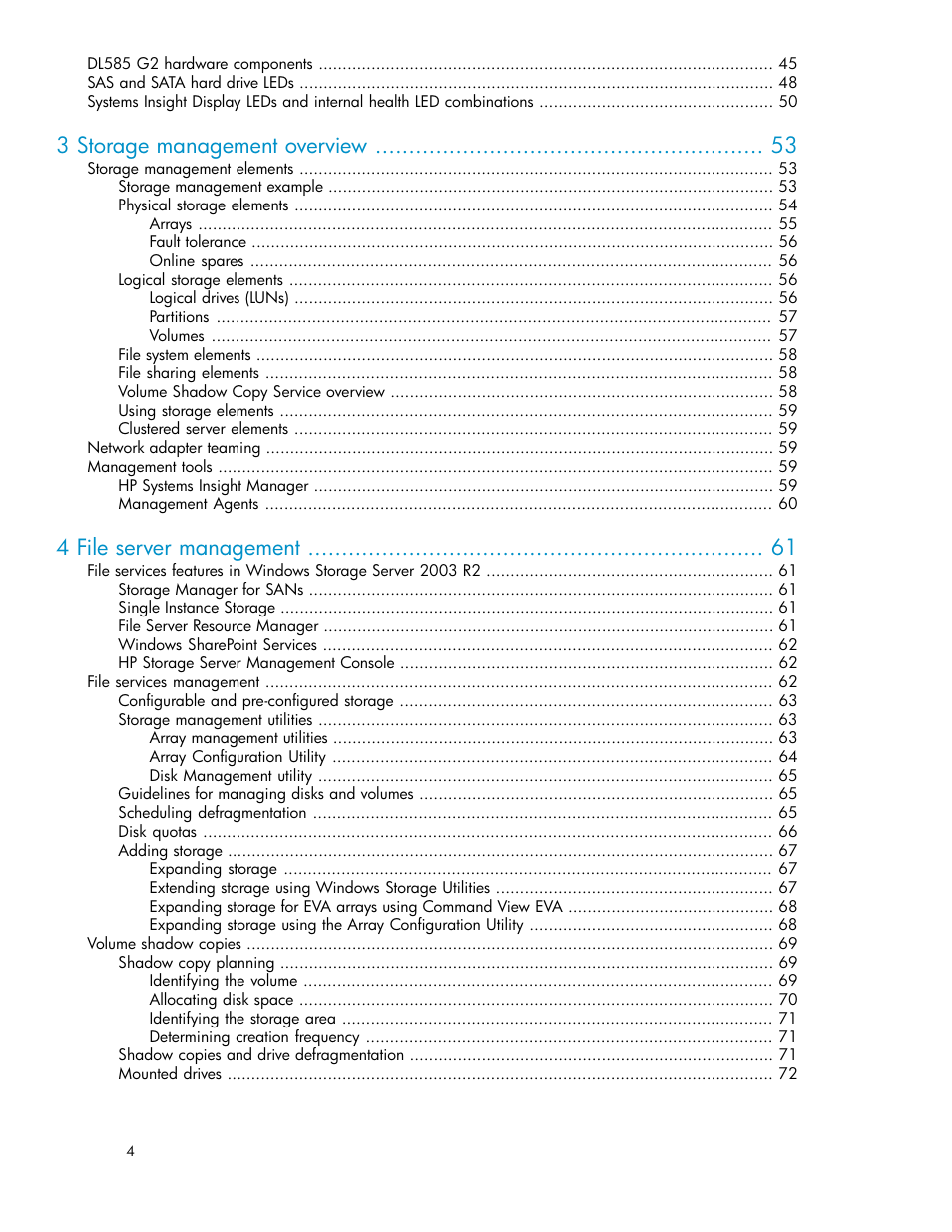 3 storage management overview, 4 file server management | HP ProLiant DL160 G5 Storage-Server User Manual | Page 4 / 174