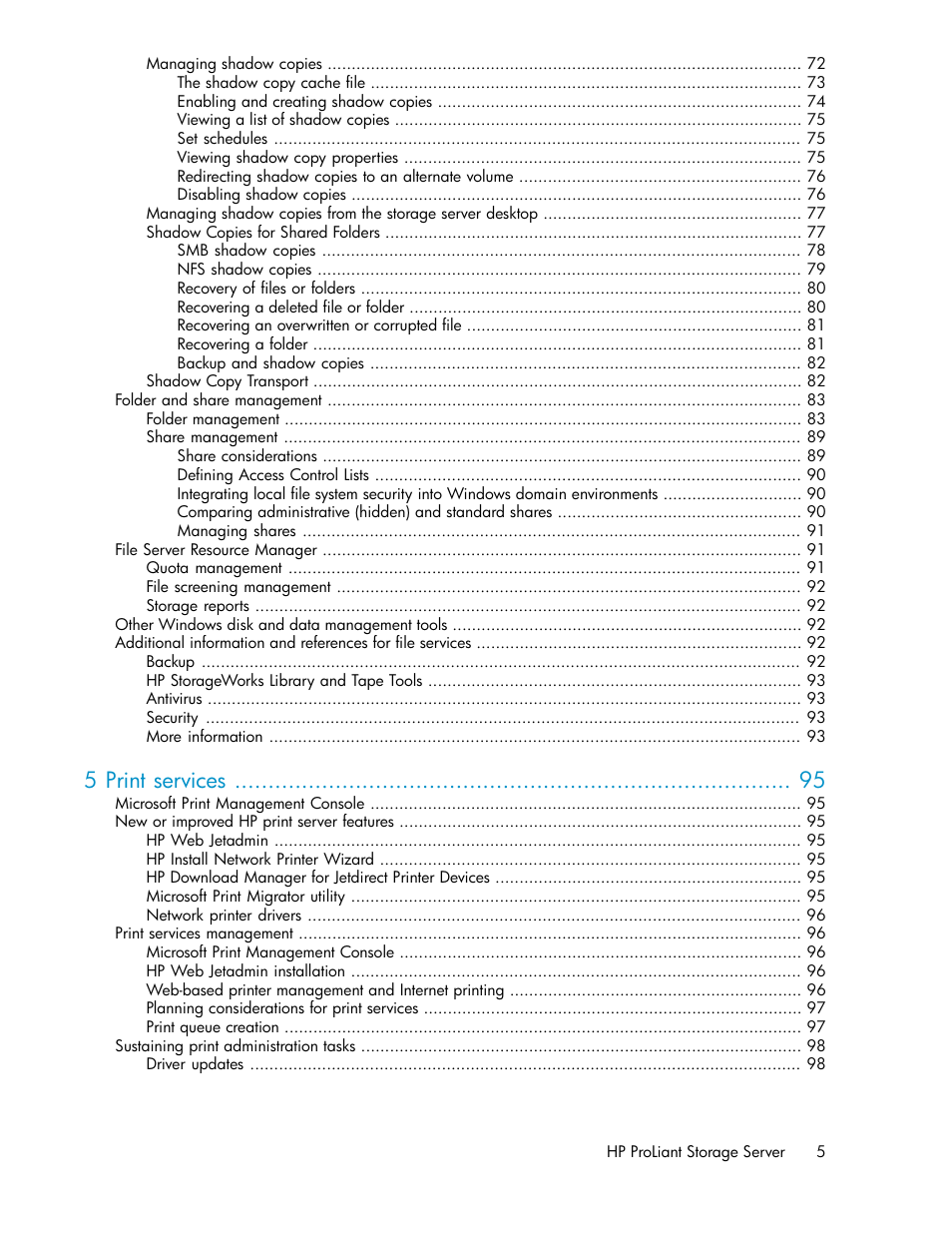 5 print services | HP ProLiant DL160 G5 Storage-Server User Manual | Page 5 / 174