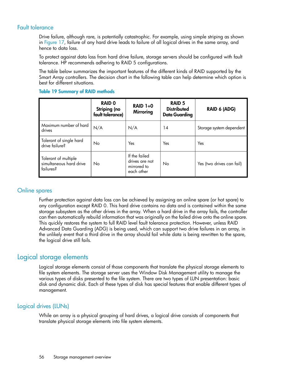Fault tolerance, Online spares, Logical storage elements | Logical drives (luns), 56 online spares, Summary of raid methods | HP ProLiant DL160 G5 Storage-Server User Manual | Page 56 / 174