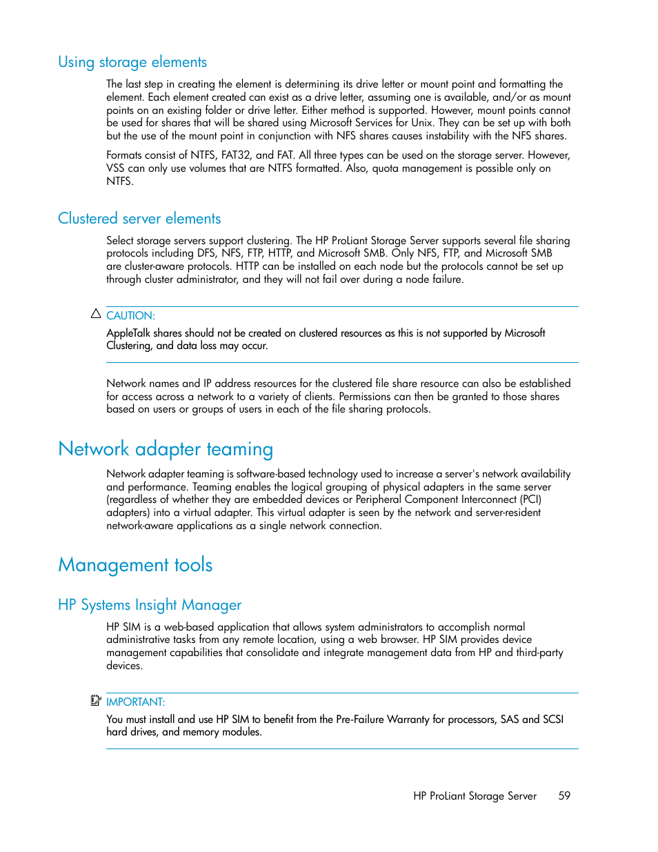 Using storage elements, Clustered server elements, Network adapter teaming | Management tools, Hp systems insight manager, 59 clustered server elements, 59 management tools | HP ProLiant DL160 G5 Storage-Server User Manual | Page 59 / 174