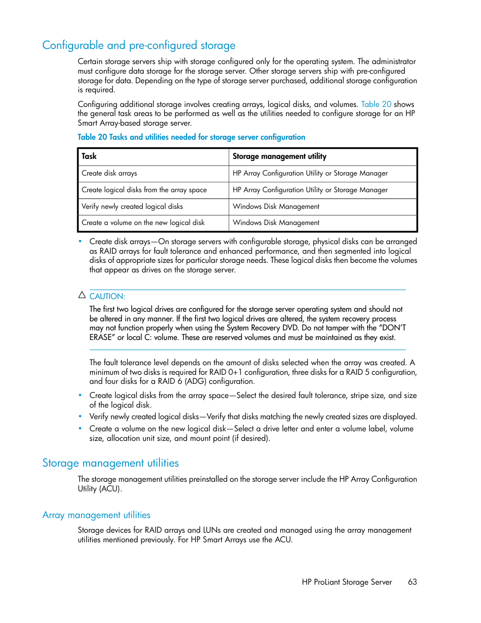 Configurable and pre-configured storage, Storage management utilities, Array management utilities | 63 storage management utilities | HP ProLiant DL160 G5 Storage-Server User Manual | Page 63 / 174