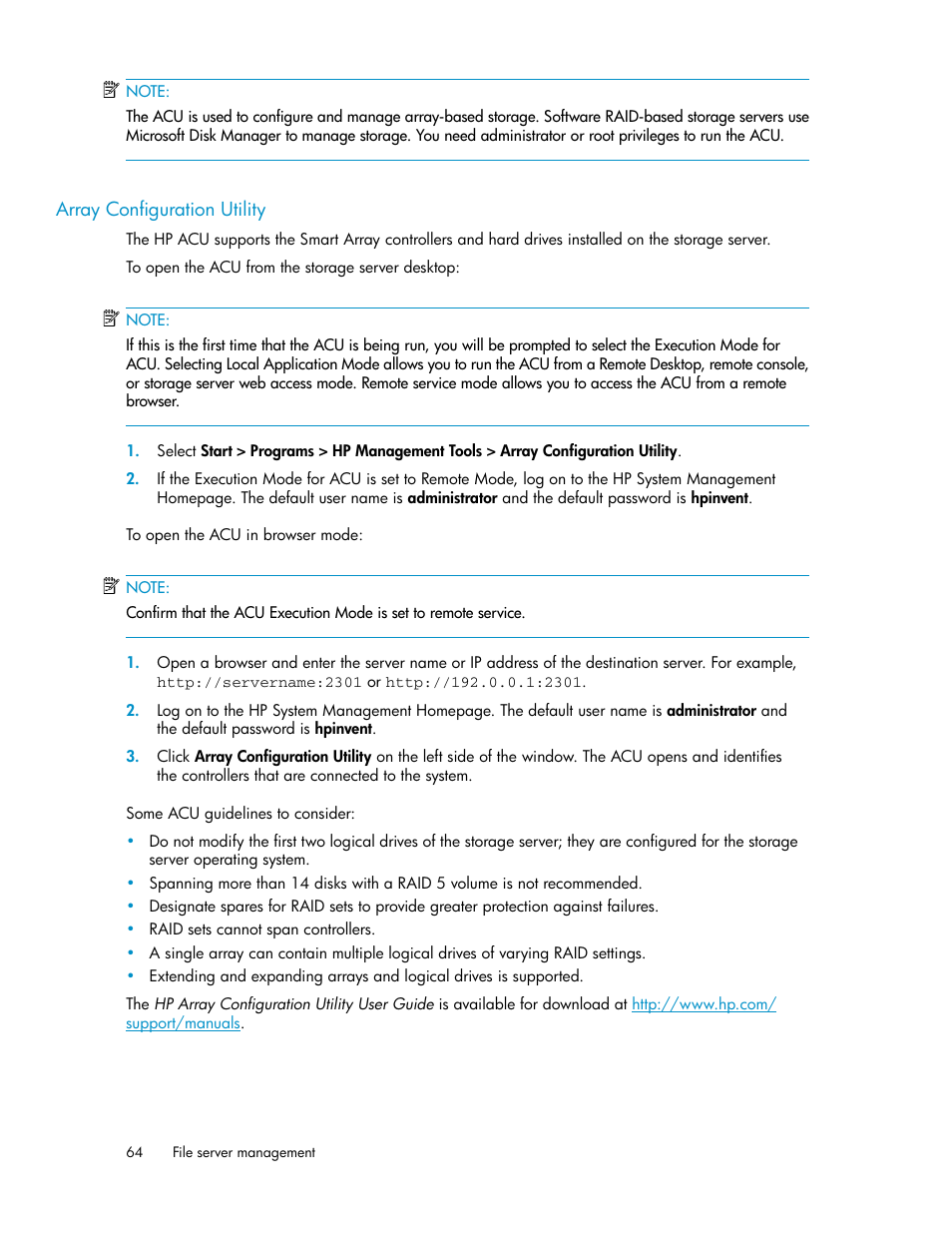 Array configuration utility | HP ProLiant DL160 G5 Storage-Server User Manual | Page 64 / 174