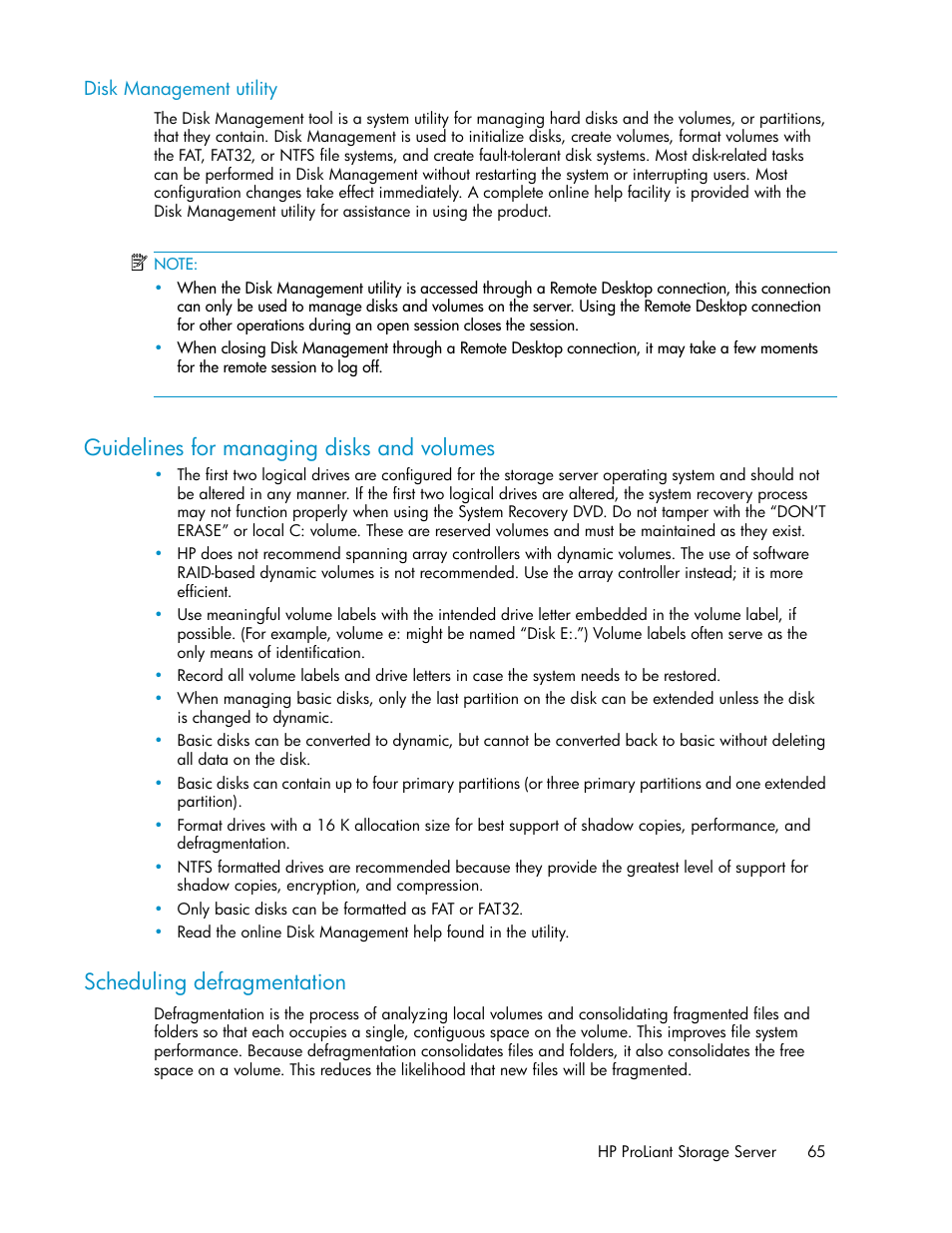 Disk management utility, Guidelines for managing disks and volumes, Scheduling defragmentation | 65 scheduling defragmentation | HP ProLiant DL160 G5 Storage-Server User Manual | Page 65 / 174