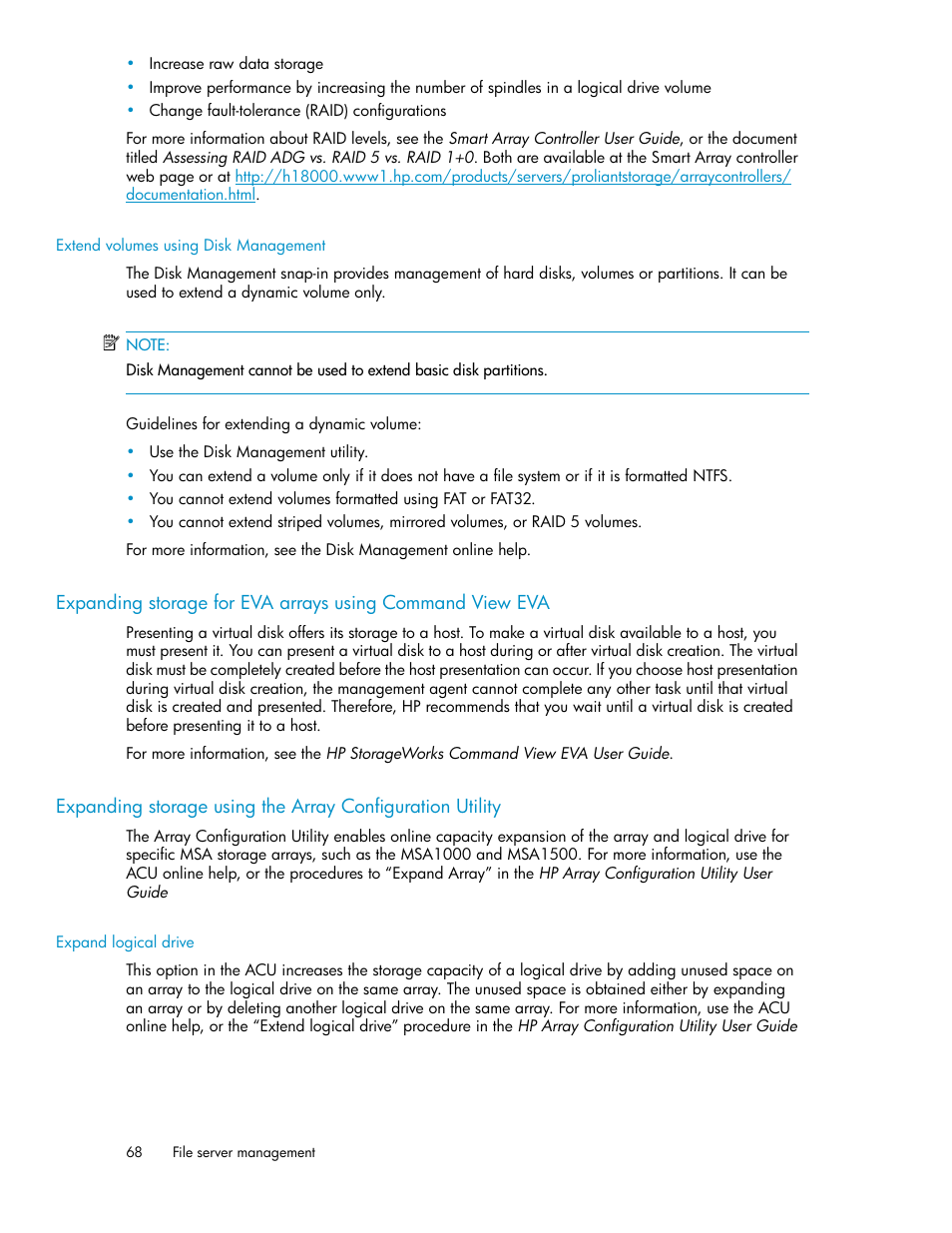Extend volumes using disk management, Expand logical drive | HP ProLiant DL160 G5 Storage-Server User Manual | Page 68 / 174