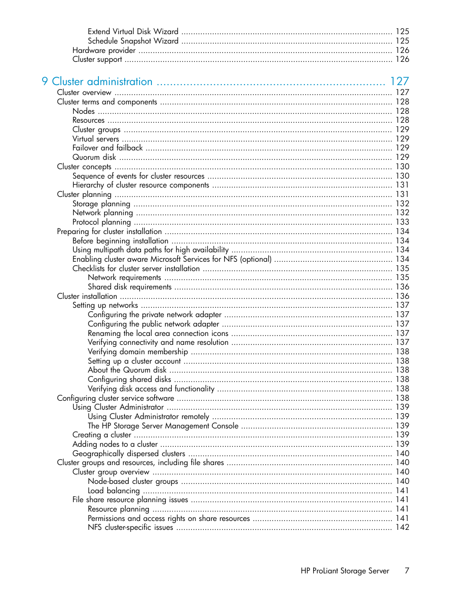 9 cluster administration | HP ProLiant DL160 G5 Storage-Server User Manual | Page 7 / 174