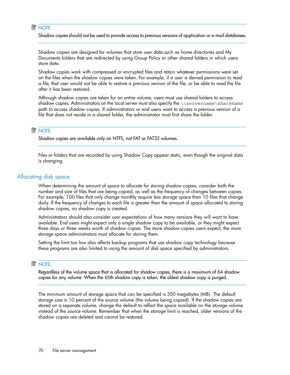 Allocating disk space | HP ProLiant DL160 G5 Storage-Server User Manual | Page 70 / 174