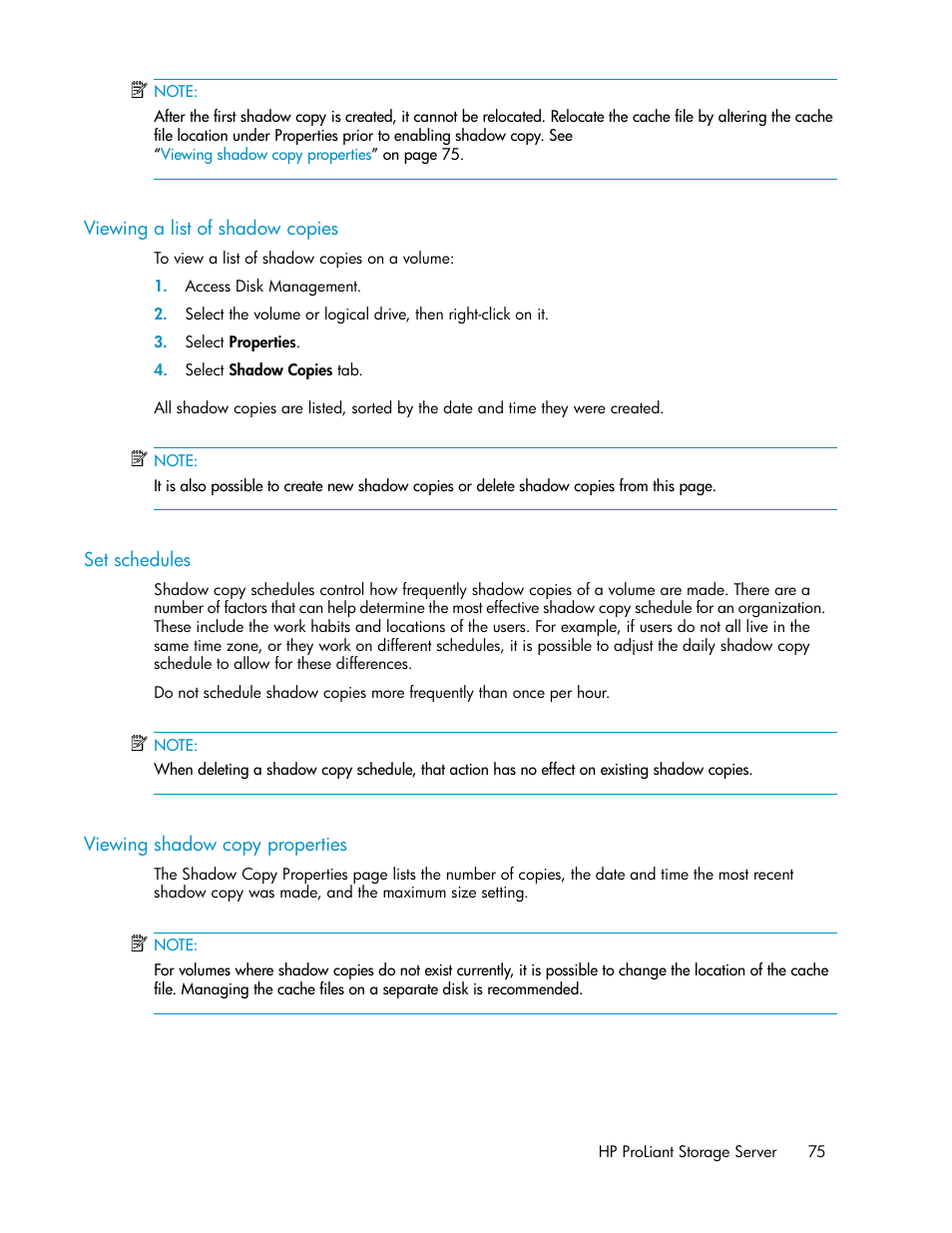 Viewing a list of shadow copies, Set schedules, Viewing shadow copy properties | 75 set schedules, 75 viewing shadow copy properties | HP ProLiant DL160 G5 Storage-Server User Manual | Page 75 / 174