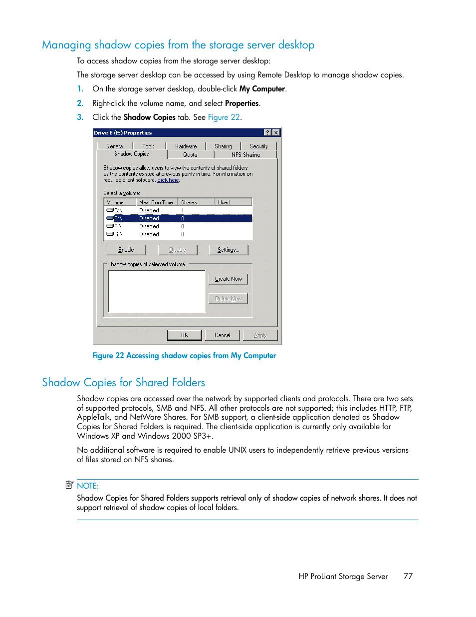 Shadow copies for shared folders, 77 shadow copies for shared folders, Accessing shadow copies from my computer | HP ProLiant DL160 G5 Storage-Server User Manual | Page 77 / 174