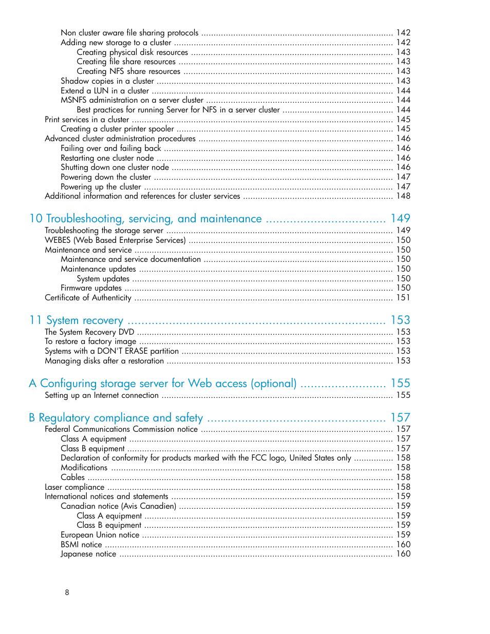 10 troubleshooting, servicing, and maintenance, 11 system recovery, B regulatory compliance and safety | HP ProLiant DL160 G5 Storage-Server User Manual | Page 8 / 174