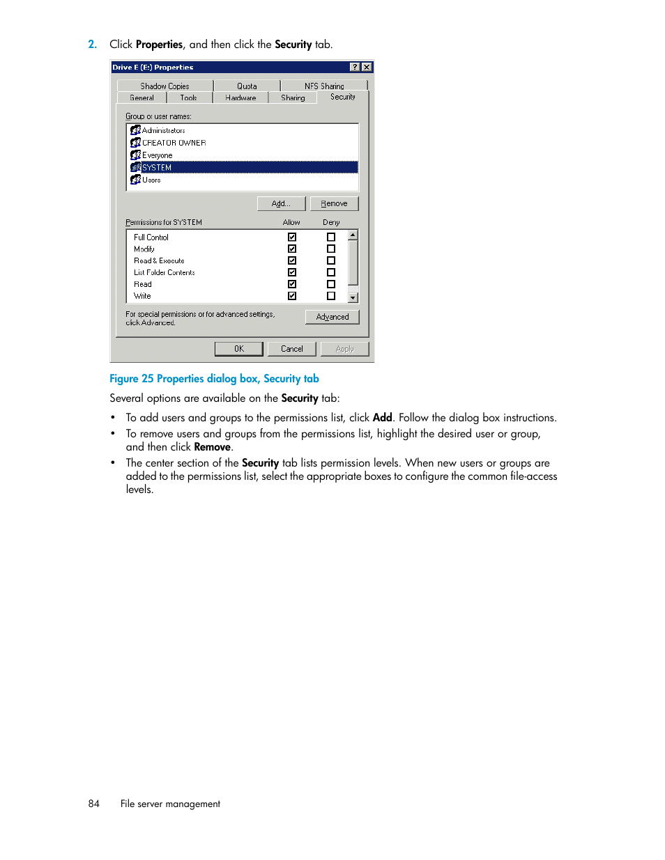 Properties dialog box, security tab | HP ProLiant DL160 G5 Storage-Server User Manual | Page 84 / 174