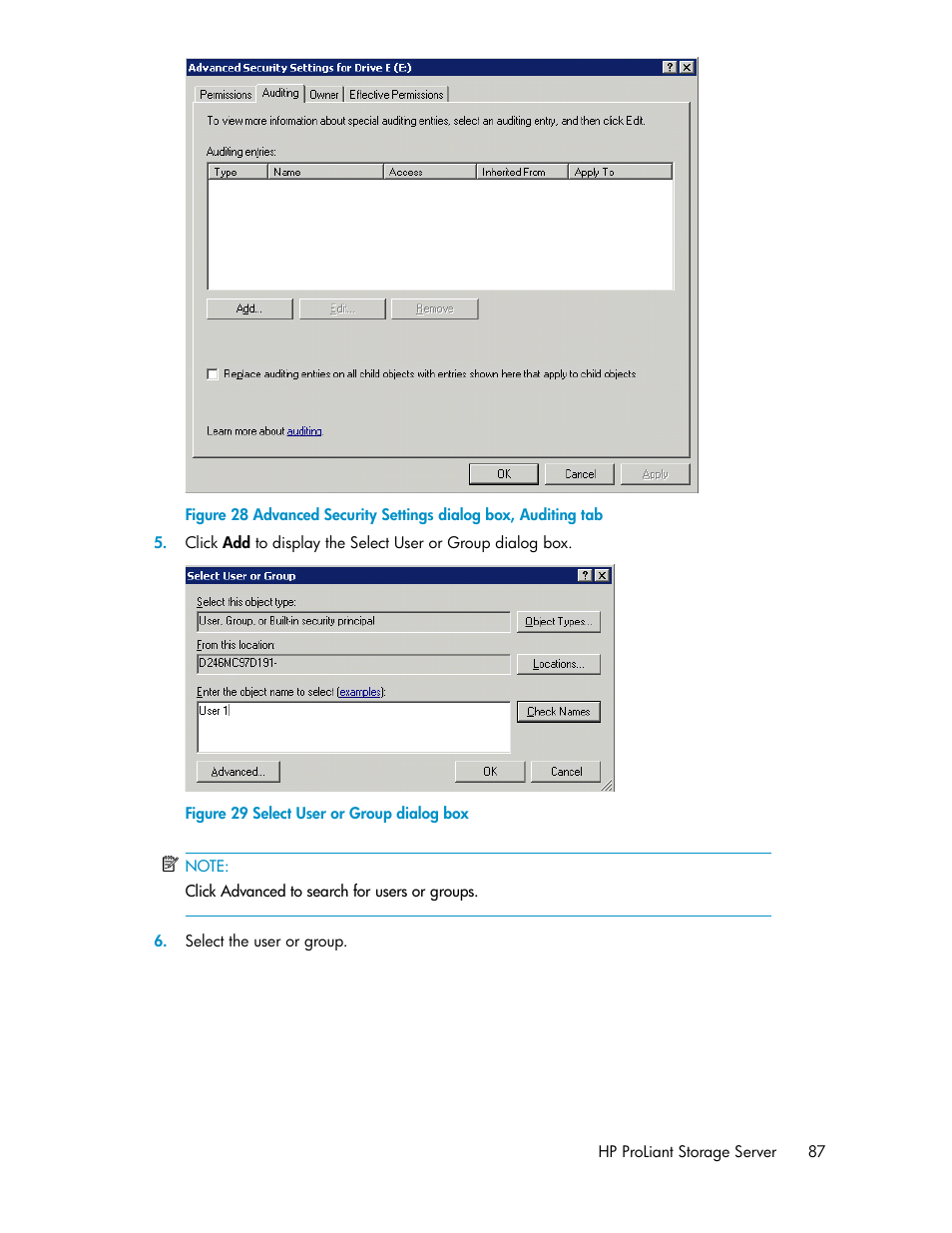 Select user or group dialog box | HP ProLiant DL160 G5 Storage-Server User Manual | Page 87 / 174