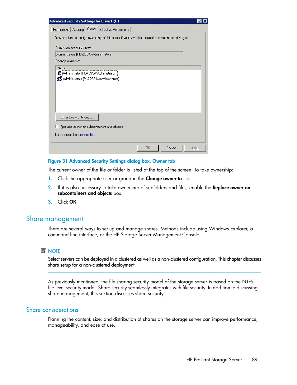 Share management, Share considerations, Advanced security settings dialog box, owner tab | HP ProLiant DL160 G5 Storage-Server User Manual | Page 89 / 174