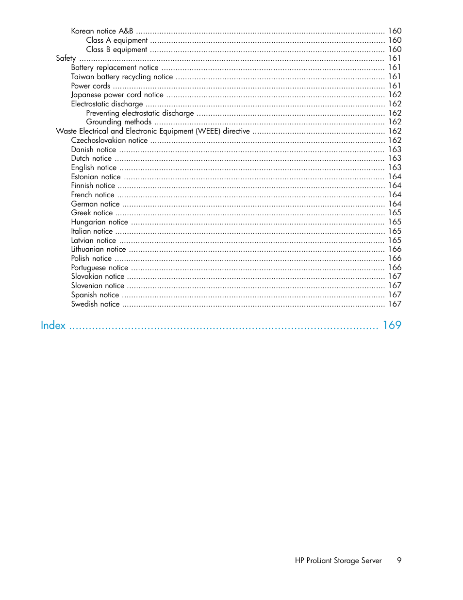 Index | HP ProLiant DL160 G5 Storage-Server User Manual | Page 9 / 174