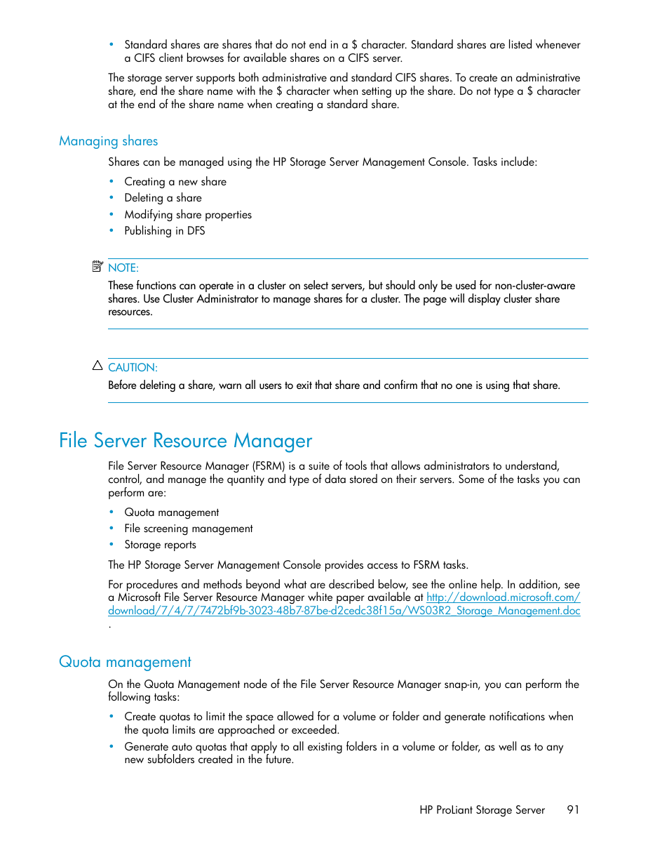 Managing shares, File server resource manager, Quota management | HP ProLiant DL160 G5 Storage-Server User Manual | Page 91 / 174
