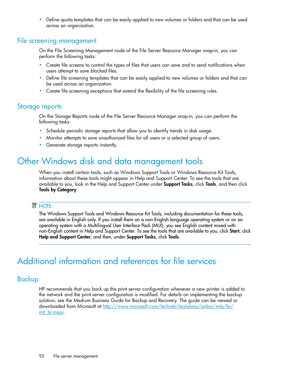 File screening management, Storage reports, Other windows disk and data management tools | Backup, 92 storage reports | HP ProLiant DL160 G5 Storage-Server User Manual | Page 92 / 174