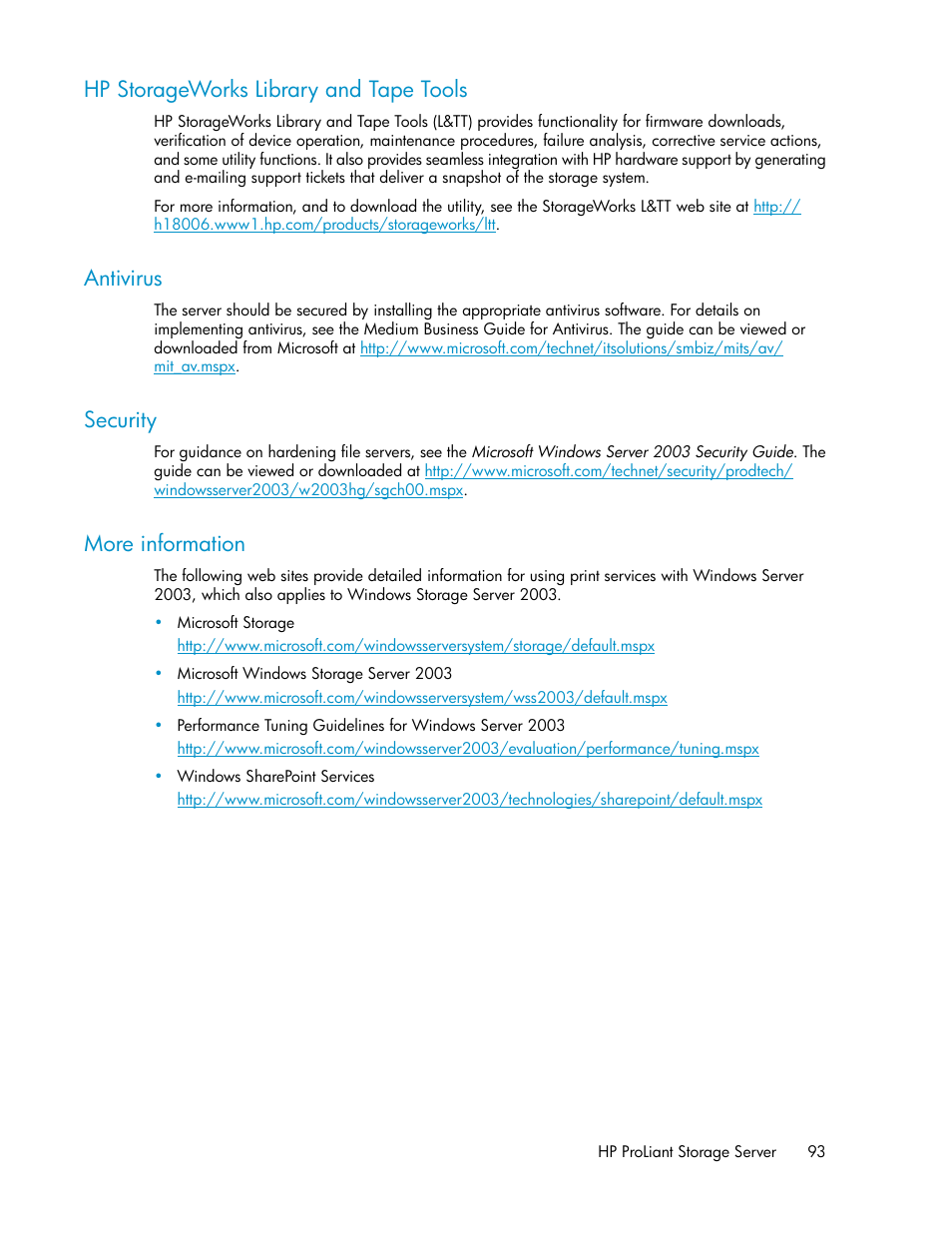 Hp storageworks library and tape tools, Antivirus, Security | More information, 93 antivirus, 93 security, 93 more information | HP ProLiant DL160 G5 Storage-Server User Manual | Page 93 / 174