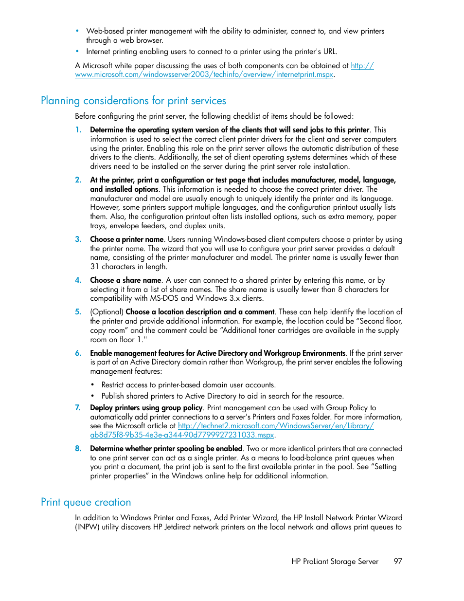 Planning considerations for print services, Print queue creation, 97 print queue creation | HP ProLiant DL160 G5 Storage-Server User Manual | Page 97 / 174