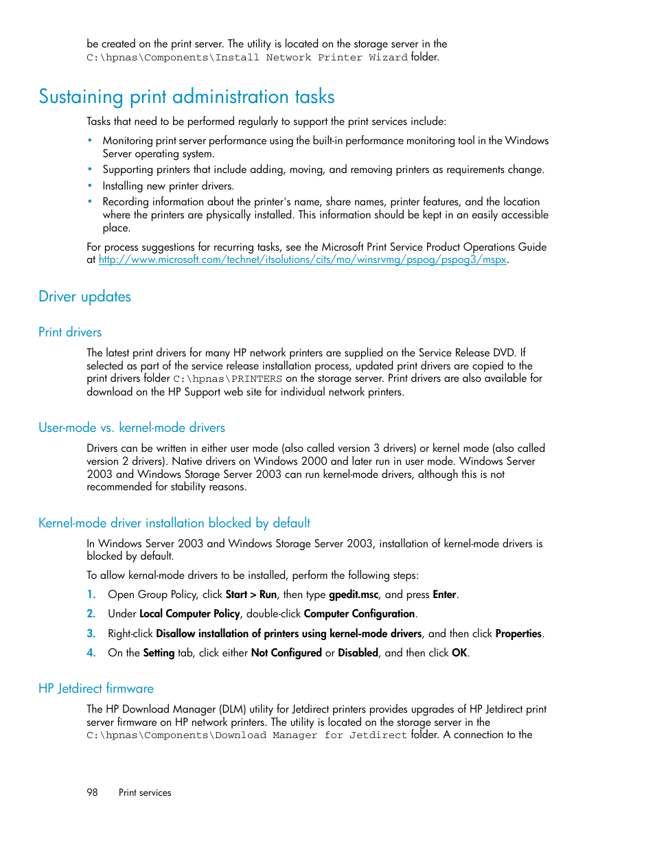 Sustaining print administration tasks, Driver updates, Print drivers | User-mode vs. kernel-mode drivers, Kernel-mode driver installation blocked by default, Hp jetdirect firmware, 98 user-mode vs. kernel-mode drivers, 98 hp jetdirect firmware | HP ProLiant DL160 G5 Storage-Server User Manual | Page 98 / 174