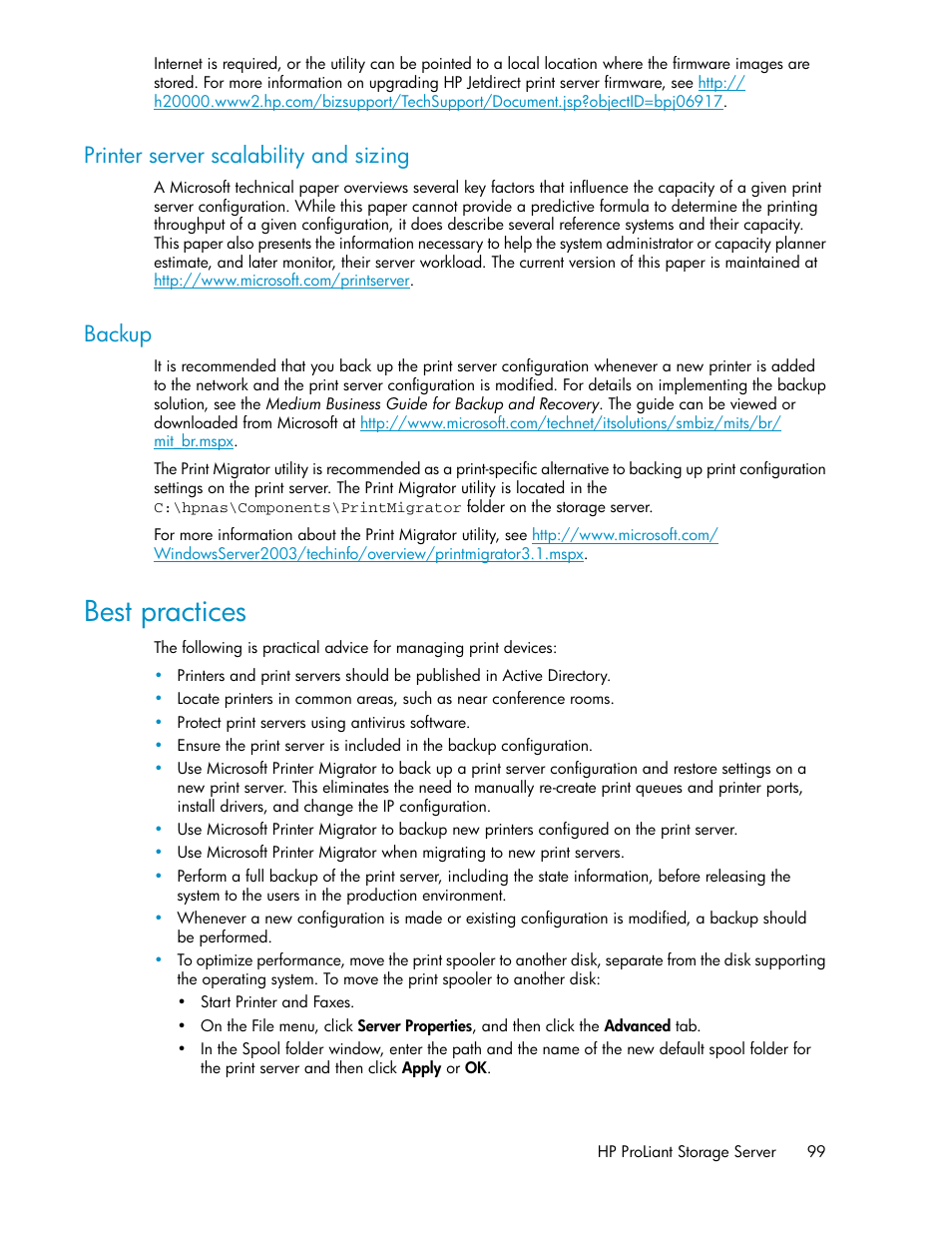Printer server scalability and sizing, Backup, Best practices | 99 backup | HP ProLiant DL160 G5 Storage-Server User Manual | Page 99 / 174