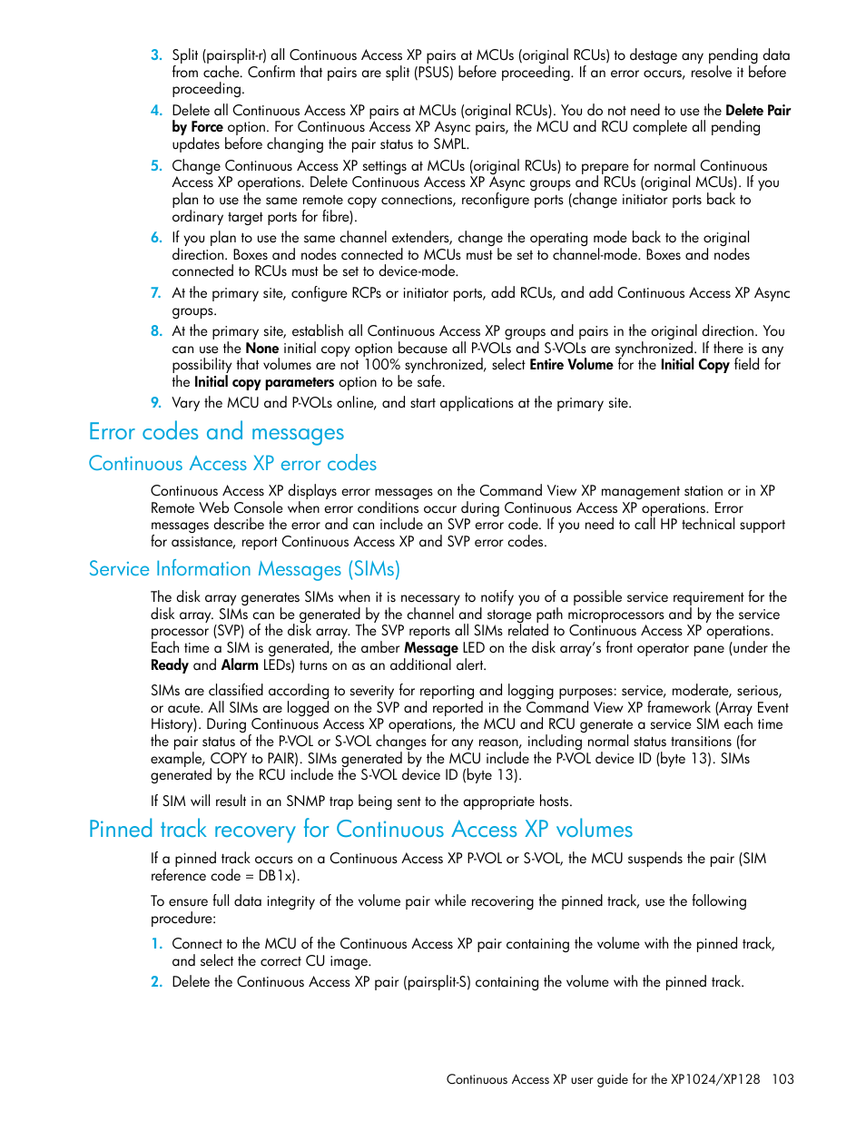 Error codes and messages, Continuous access xp error codes, Service information messages (sims) | HP XP Continuous Access Software User Manual | Page 103 / 108