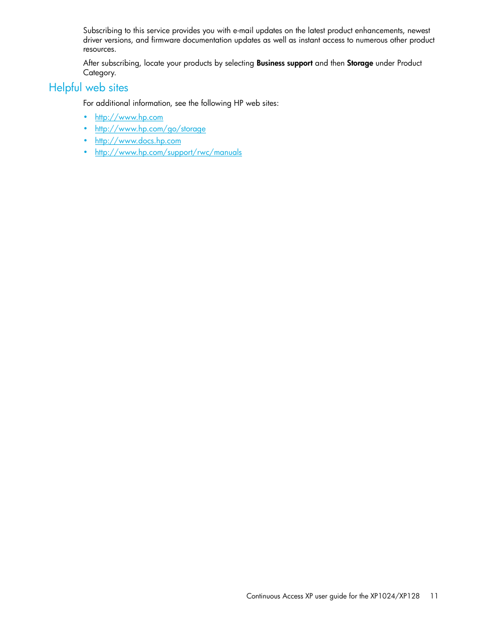 Helpful web sites | HP XP Continuous Access Software User Manual | Page 11 / 108
