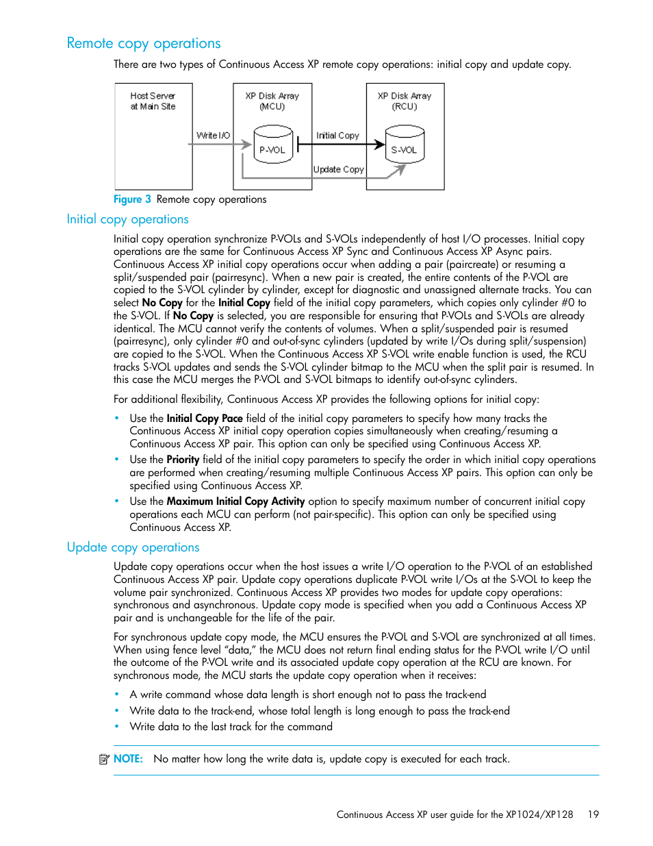 Remote copy operations, Figure 3 remote copy operations, Initial copy operations | Update copy operations, 3 remote copy operations | HP XP Continuous Access Software User Manual | Page 19 / 108