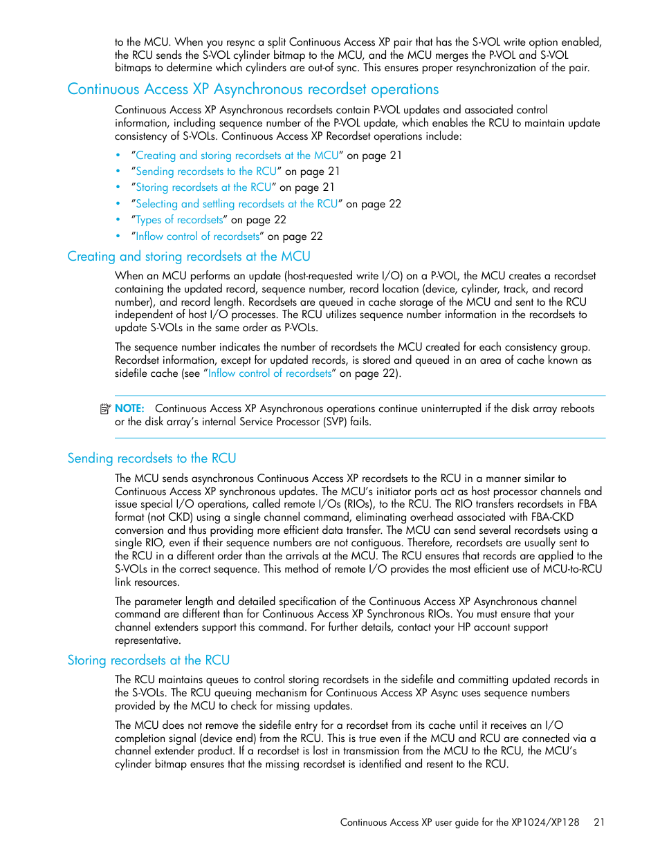 Creating and storing recordsets at the mcu, Sending recordsets to the rcu, Storing recordsets at the rcu | HP XP Continuous Access Software User Manual | Page 21 / 108
