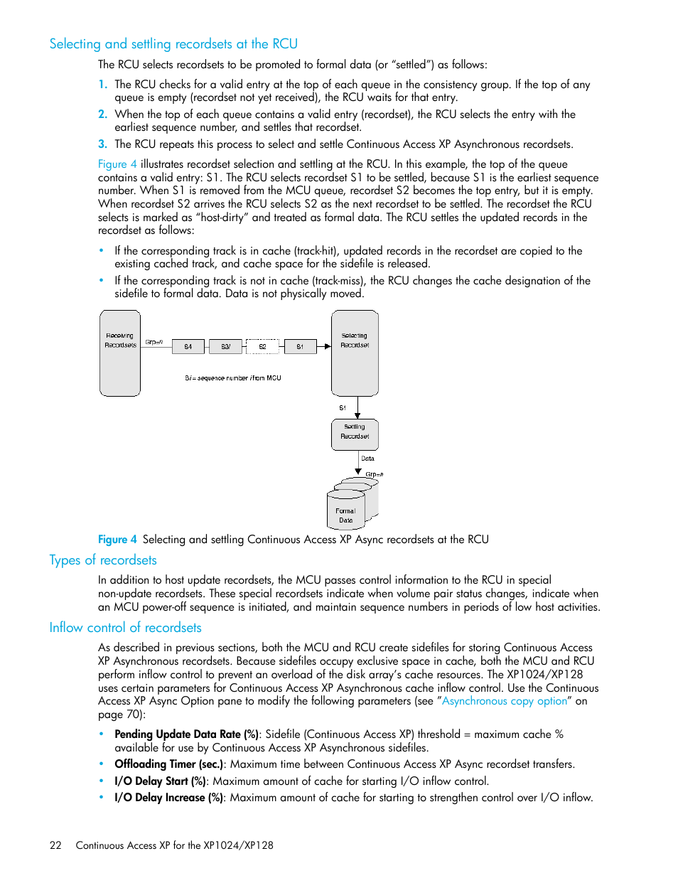 Selecting and settling recordsets at the rcu, Types of recordsets, Inflow control of recordsets | HP XP Continuous Access Software User Manual | Page 22 / 108