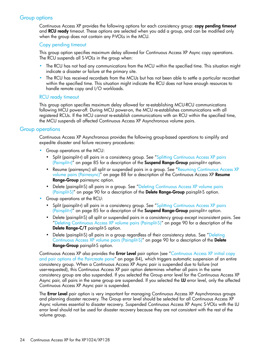 Group options, Copy pending timeout, Rcu ready timeout | Group operations | HP XP Continuous Access Software User Manual | Page 24 / 108