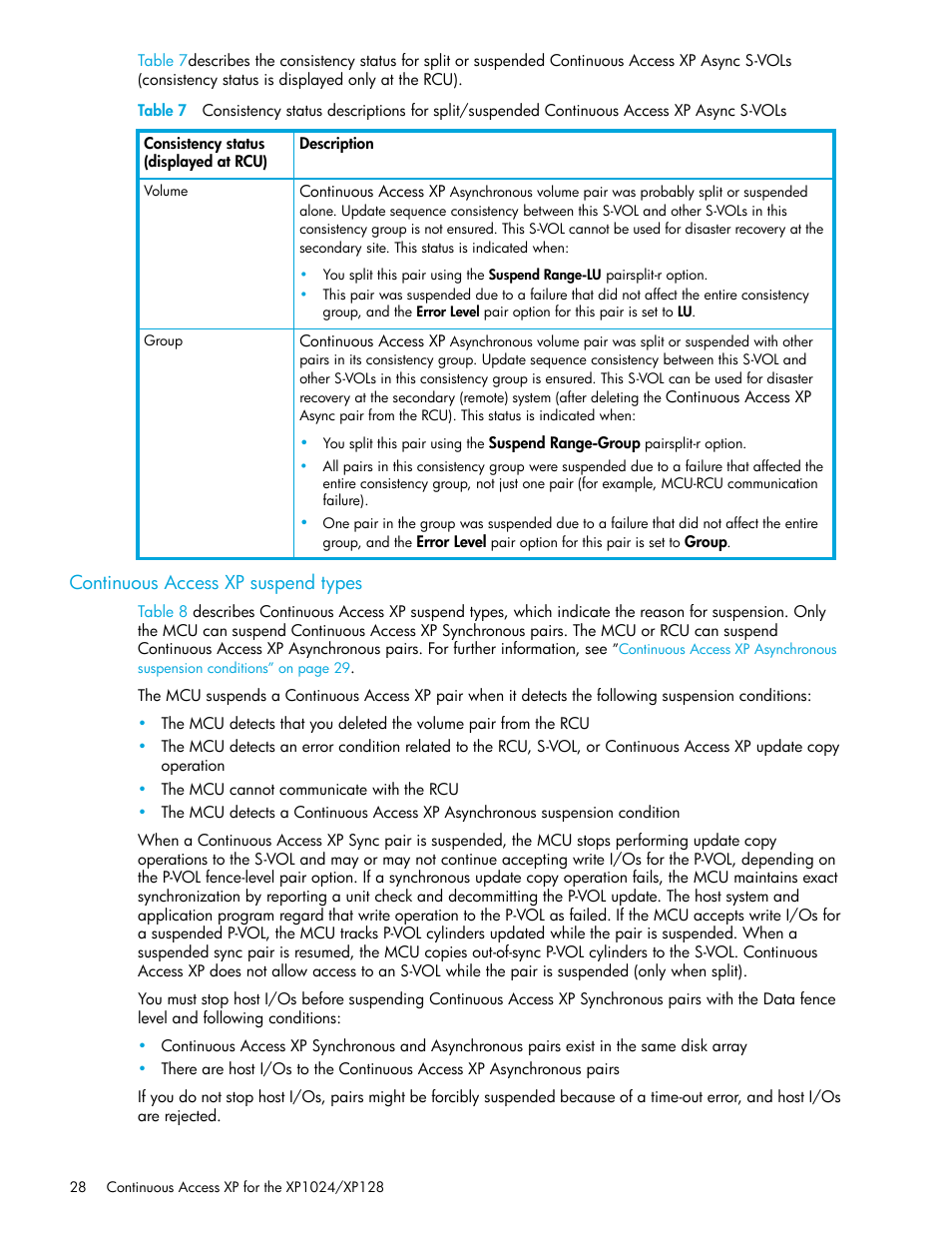 Continuous access xp suspend types | HP XP Continuous Access Software User Manual | Page 28 / 108