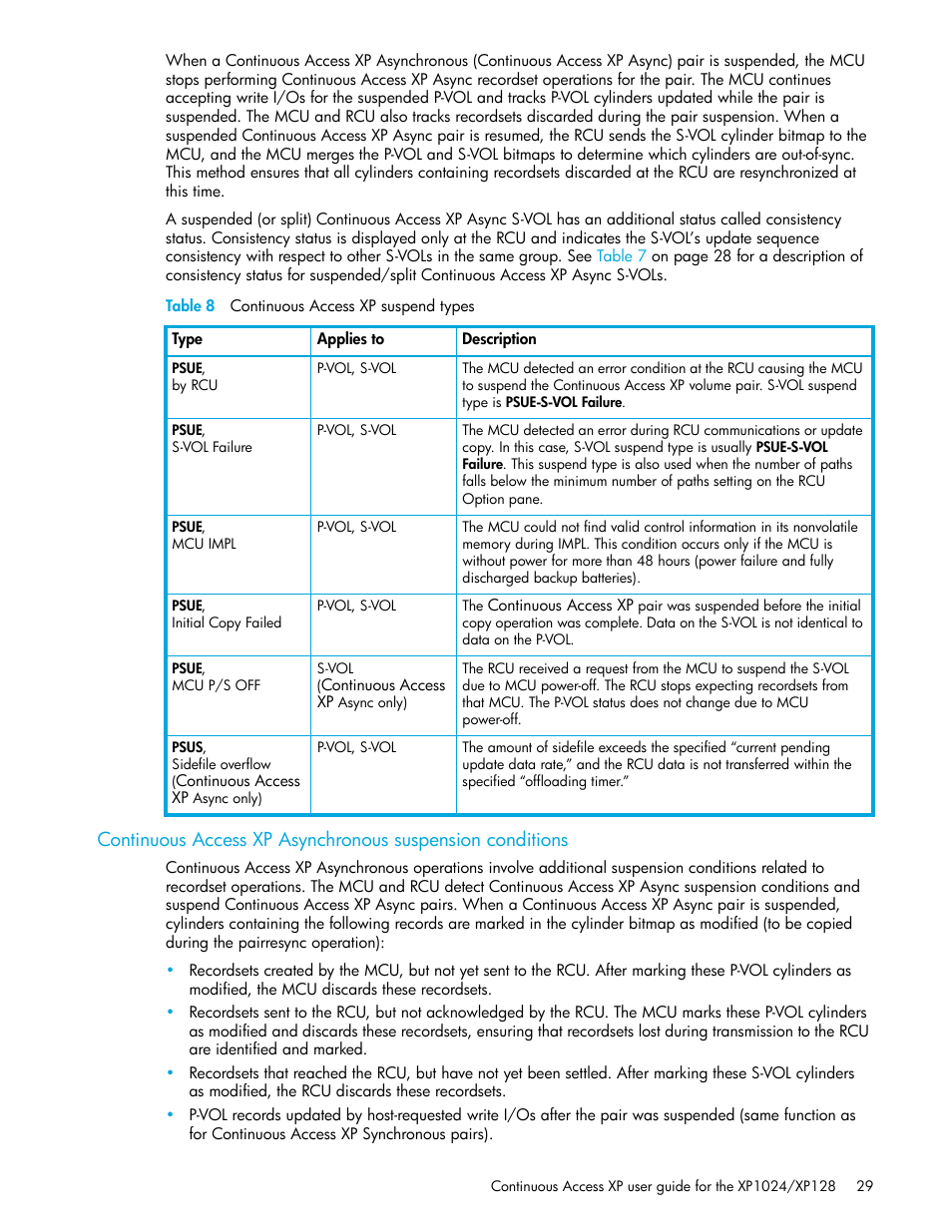 Table 8 continuous access xp suspend types, 8 continuous access xp suspend types, Continuous access xp asynchronous suspension | Table 8, Continuous access xp asynchronous | HP XP Continuous Access Software User Manual | Page 29 / 108