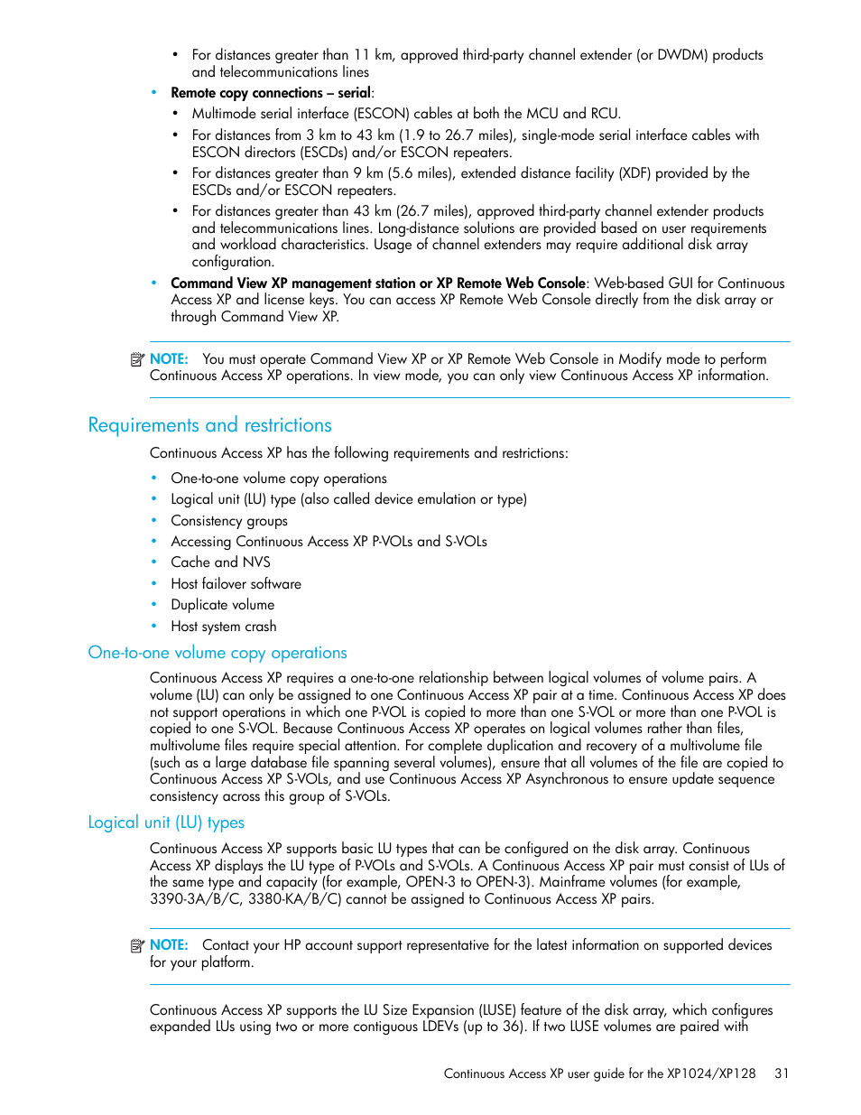 Requirements and restrictions, One-to-one volume copy operations, Logical unit (lu) types | HP XP Continuous Access Software User Manual | Page 31 / 108
