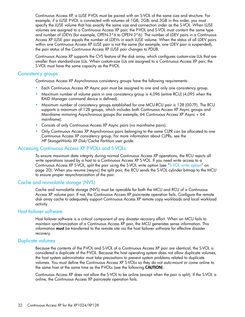 Consistency groups, Accessing continuous access xp p-vols and s-vols, Cache and nonvolatile storage (nvs) | Host failover software, Duplicate volumes | HP XP Continuous Access Software User Manual | Page 32 / 108