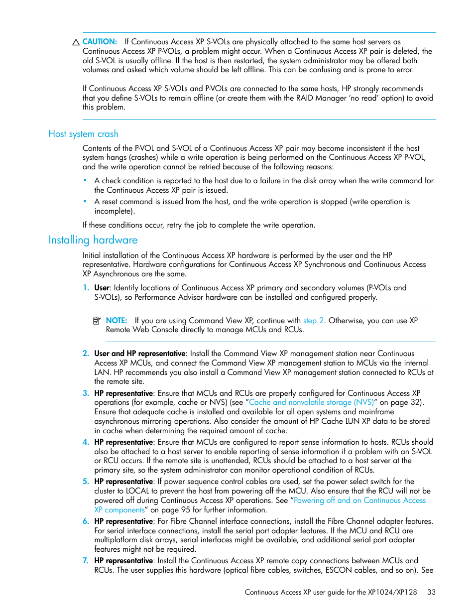Host system crash, Installing hardware | HP XP Continuous Access Software User Manual | Page 33 / 108