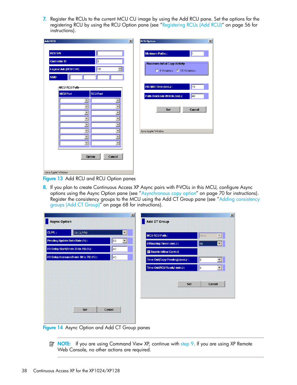 Figure 13 add rcu and rcu option panes, Figure 14 async option and add ct group panes, 13 add rcu and rcu option panes | 14 async option and add ct group panes | HP XP Continuous Access Software User Manual | Page 38 / 108