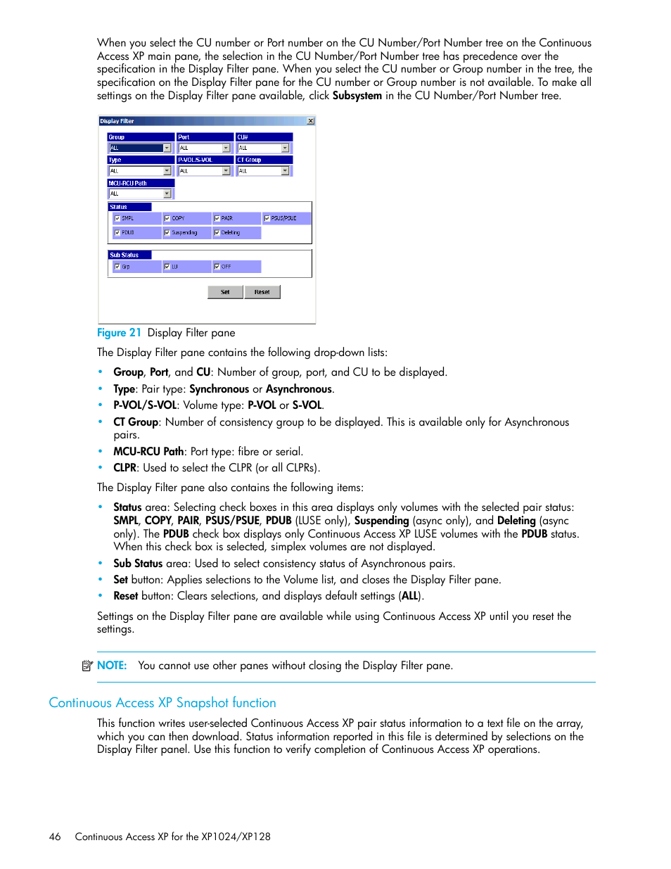 Figure 21 display filter pane, Continuous access xp snapshot function, 21 display filter pane | HP XP Continuous Access Software User Manual | Page 46 / 108