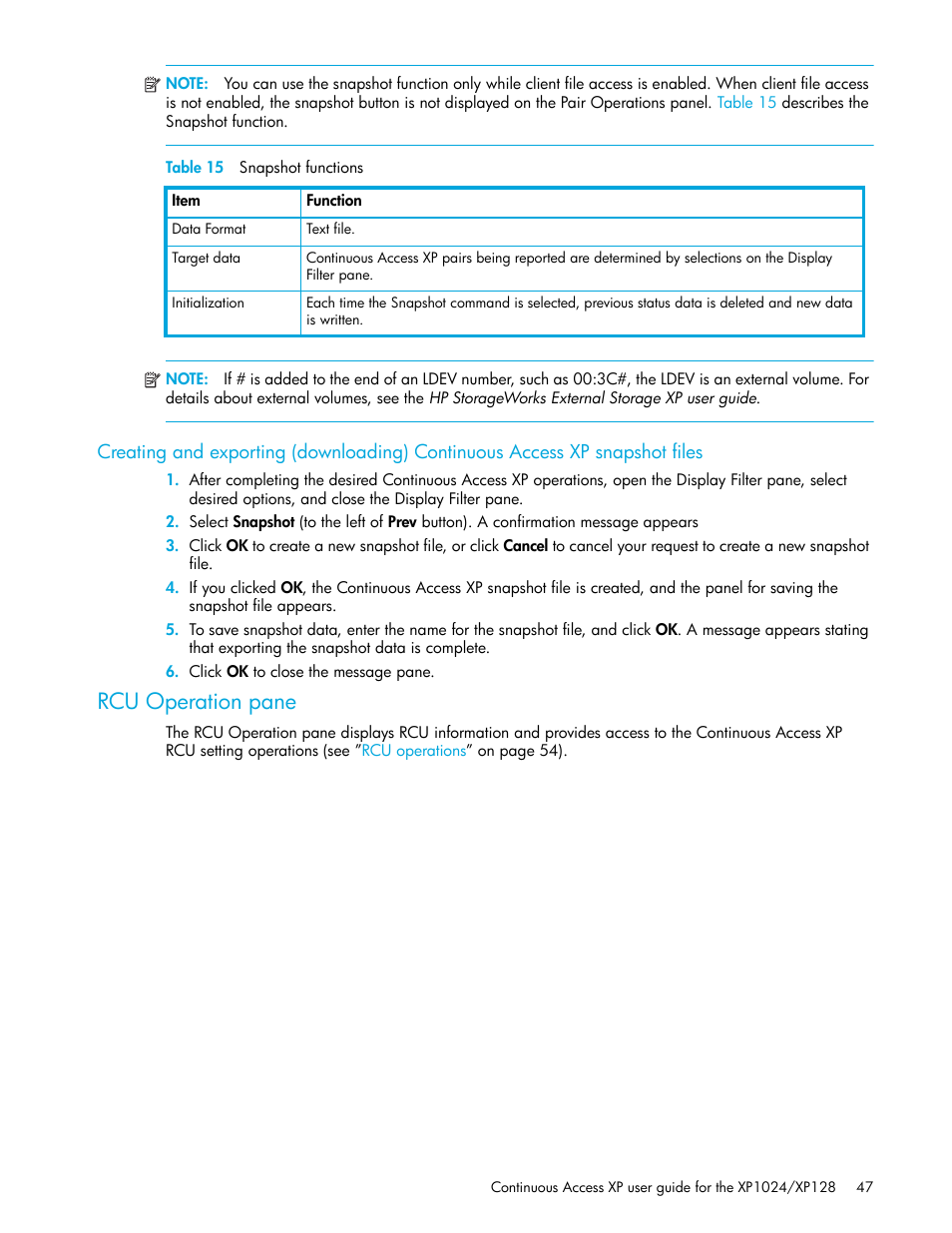 Table 15 snapshot functions, Rcu operation pane, 15 snapshot functions | HP XP Continuous Access Software User Manual | Page 47 / 108