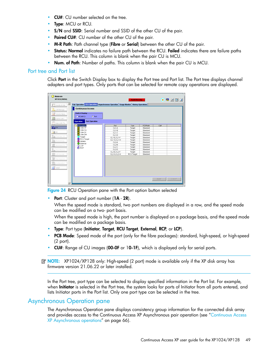 Port tree and port list, Asynchronous operation pane | HP XP Continuous Access Software User Manual | Page 49 / 108
