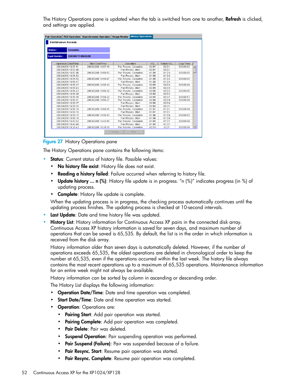 Figure 27 history operations pane, 27 history operations pane | HP XP Continuous Access Software User Manual | Page 52 / 108