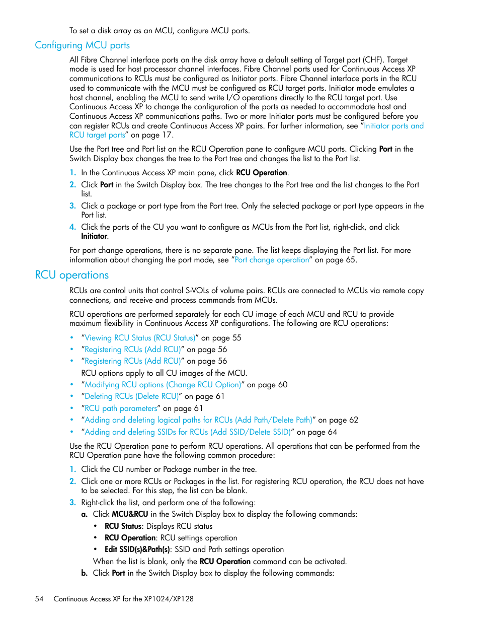 Configuring mcu ports, Rcu operations | HP XP Continuous Access Software User Manual | Page 54 / 108