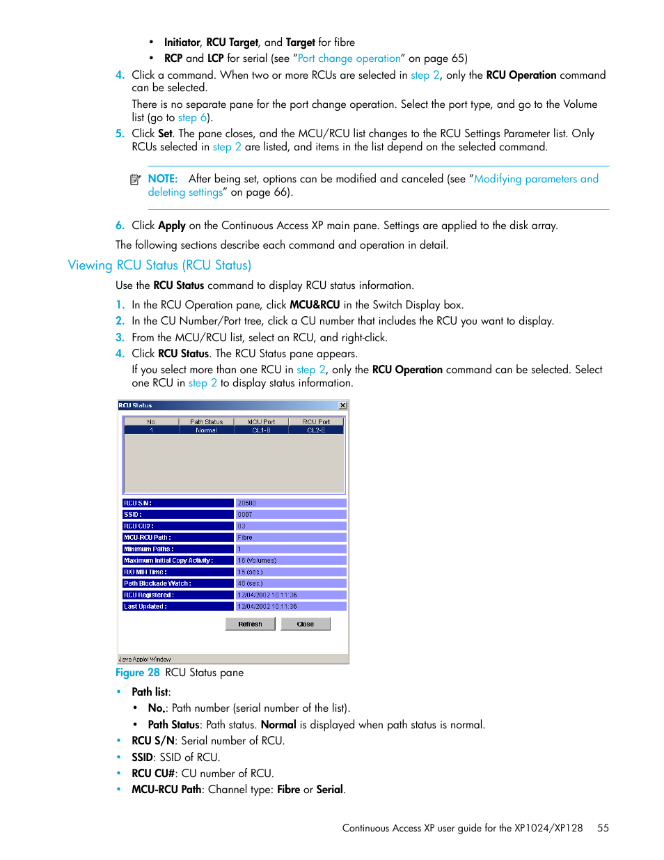 Viewing rcu status (rcu status), Figure 28 rcu status pane, 28 rcu status pane | HP XP Continuous Access Software User Manual | Page 55 / 108