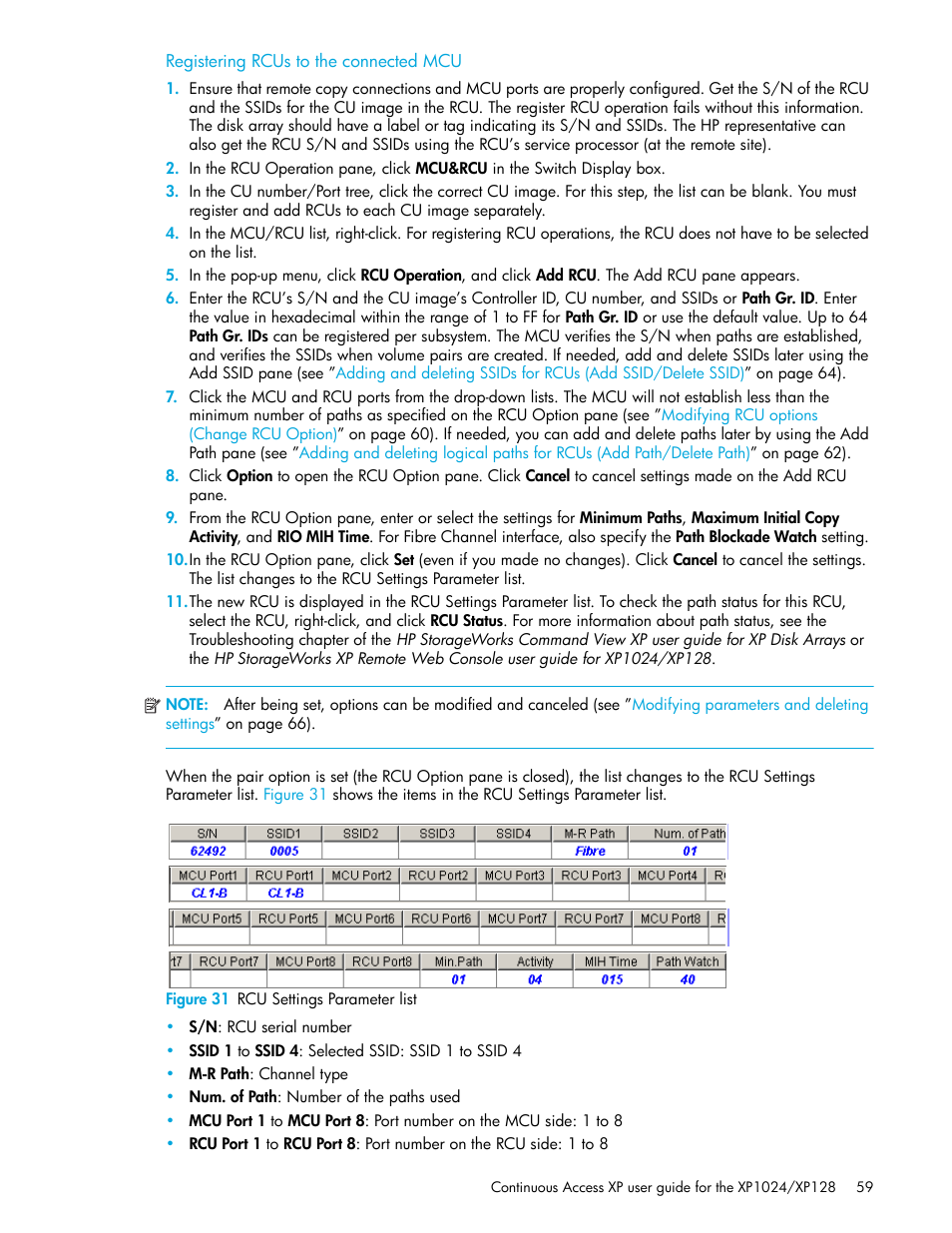 Registering rcus to the connected mcu, Figure 31 rcu settings parameter list, 31 rcu settings parameter list | HP XP Continuous Access Software User Manual | Page 59 / 108