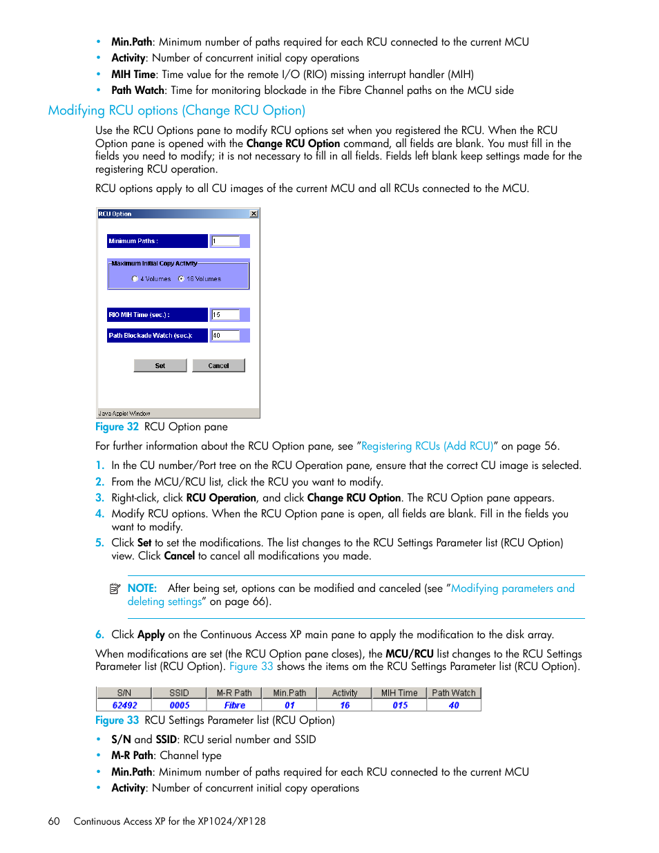Modifying rcu options (change rcu option), Figure 32 rcu option pane, Figure 33 rcu settings parameter list (rcu option) | 32 rcu option pane, 33 rcu settings parameter list (rcu option), Modifying rcu options, Change rcu option) | HP XP Continuous Access Software User Manual | Page 60 / 108