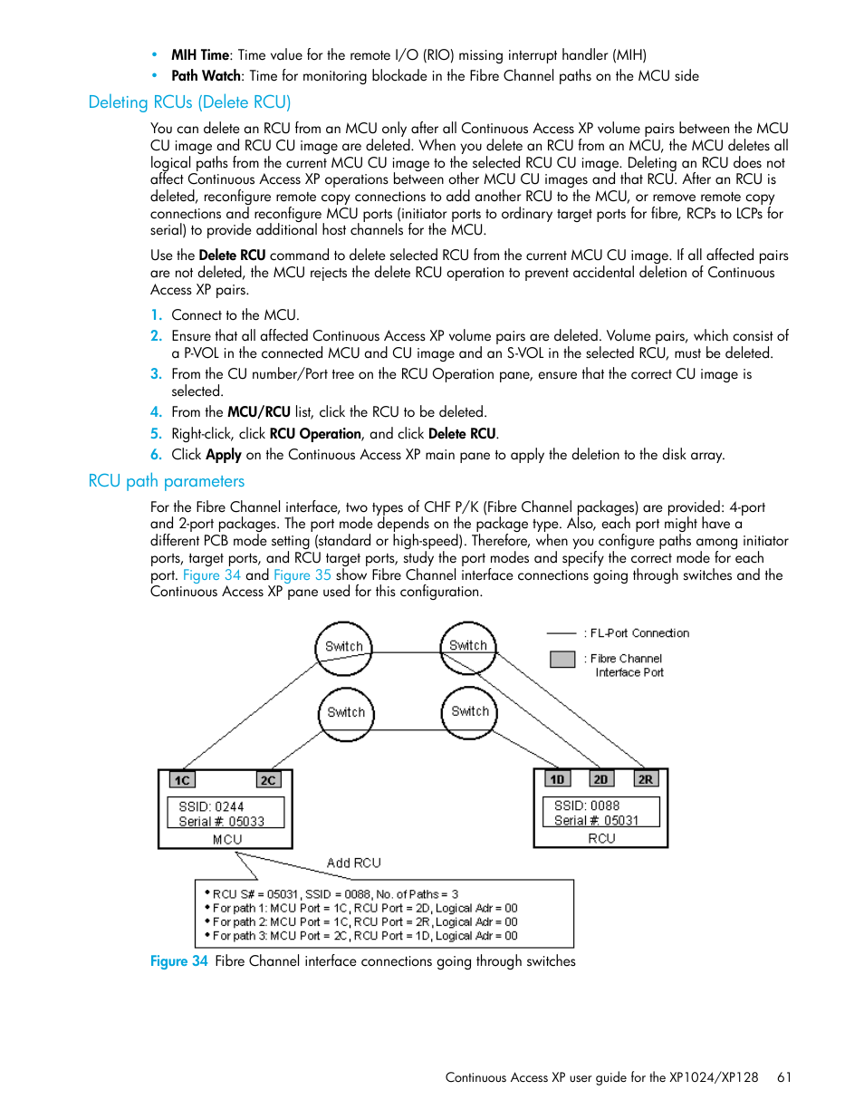 Deleting rcus (delete rcu), Rcu path parameters | HP XP Continuous Access Software User Manual | Page 61 / 108