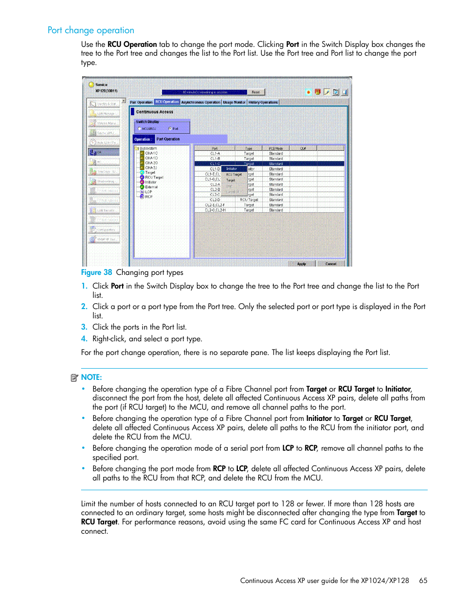 Port change operation, Figure 38 changing port types, 38 changing port types | HP XP Continuous Access Software User Manual | Page 65 / 108