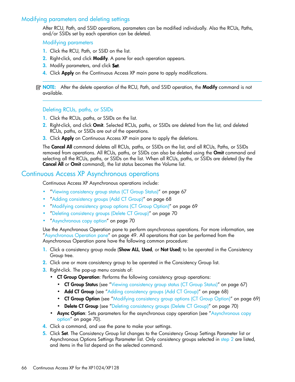 Modifying parameters and deleting settings, Modifying parameters, Deleting rcus, paths, or ssids | Continuous access xp asynchronous operations, Continuous access, Xp asynchronous operations, Modifying parameters and, Deleting settings, Modifying parameters and deleting, Settings | HP XP Continuous Access Software User Manual | Page 66 / 108