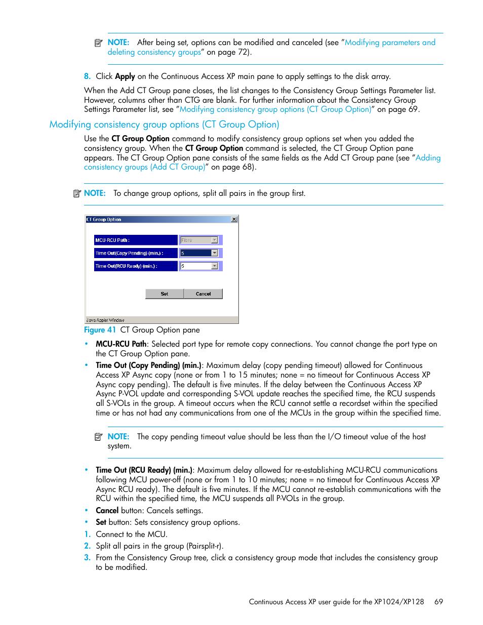 Figure 41 ct group option pane, 41 ct group option pane, Modifying consistency | Group options (ct group option), Modifying consistency group, Options (ct group option) | HP XP Continuous Access Software User Manual | Page 69 / 108