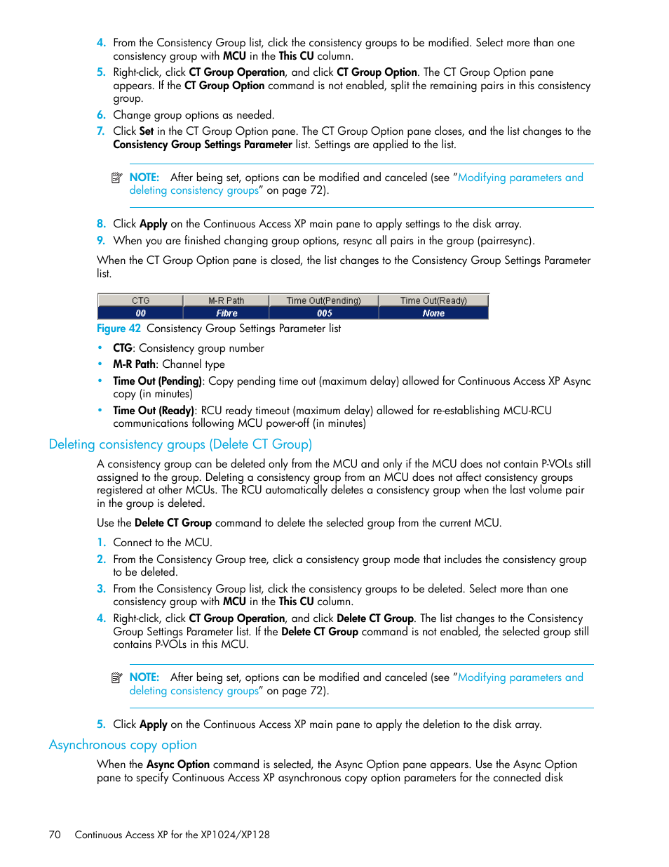 Deleting consistency groups (delete ct group), Asynchronous copy option, 42 consistency group settings parameter list | On pane (see | HP XP Continuous Access Software User Manual | Page 70 / 108